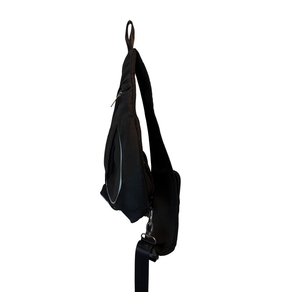 Black Sling Backpack Single Strap Crossbody Bag Reflective Trim Travel Daypack - Picture 4 of 10